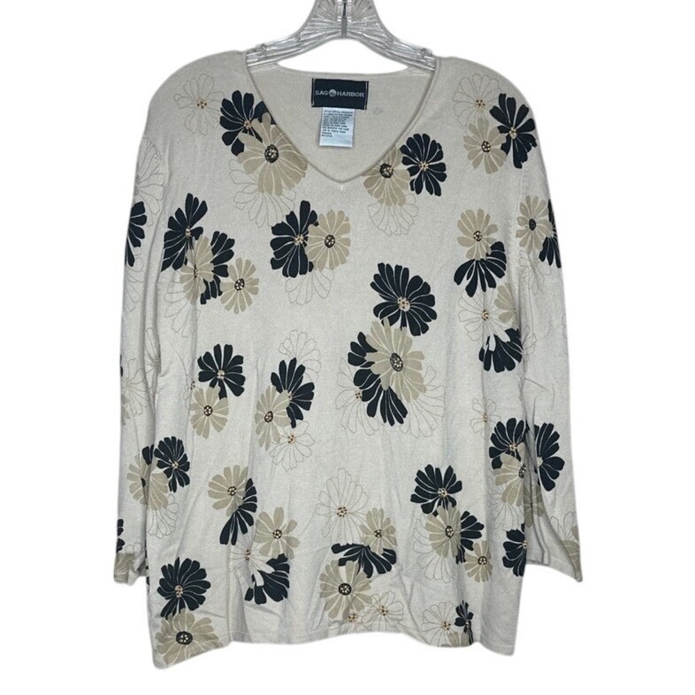 Sag Harbor Women's XL Floral V-Neck Sweater Tan Black Beaded boho grandmacore